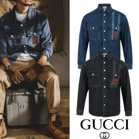GUCCI 구찌 포켓 포인트레더 스냅 데님셔츠